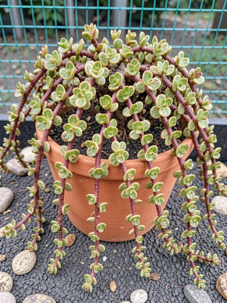 Vaso com portulacaria, solo drenado e pedras decorativas ao redor