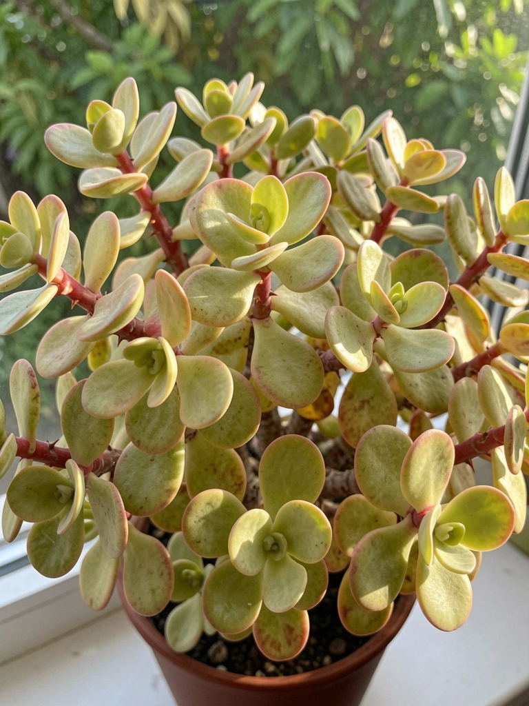 Vaso de portulacaria em janela com luz da manhã