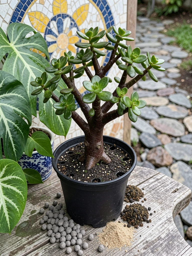 Vaso de cerâmica com furos sobre argila expandida e areia, com terra para suculentas ao lado