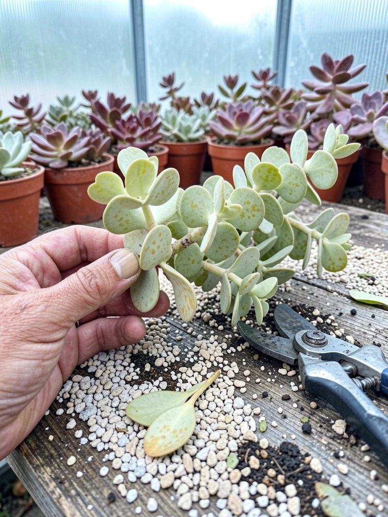 Galho de portulacaria sobre mesa de madeira com tesoura de poda ao lado