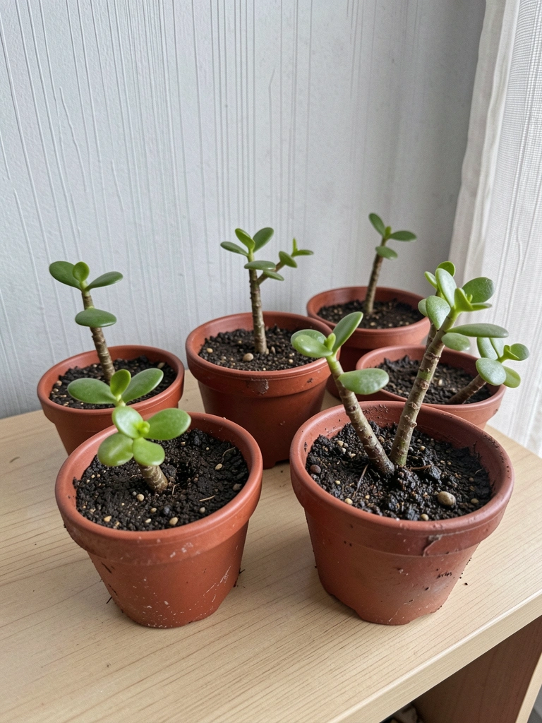 Mudas de portulacaria em pequenos vasos com substrato úmido