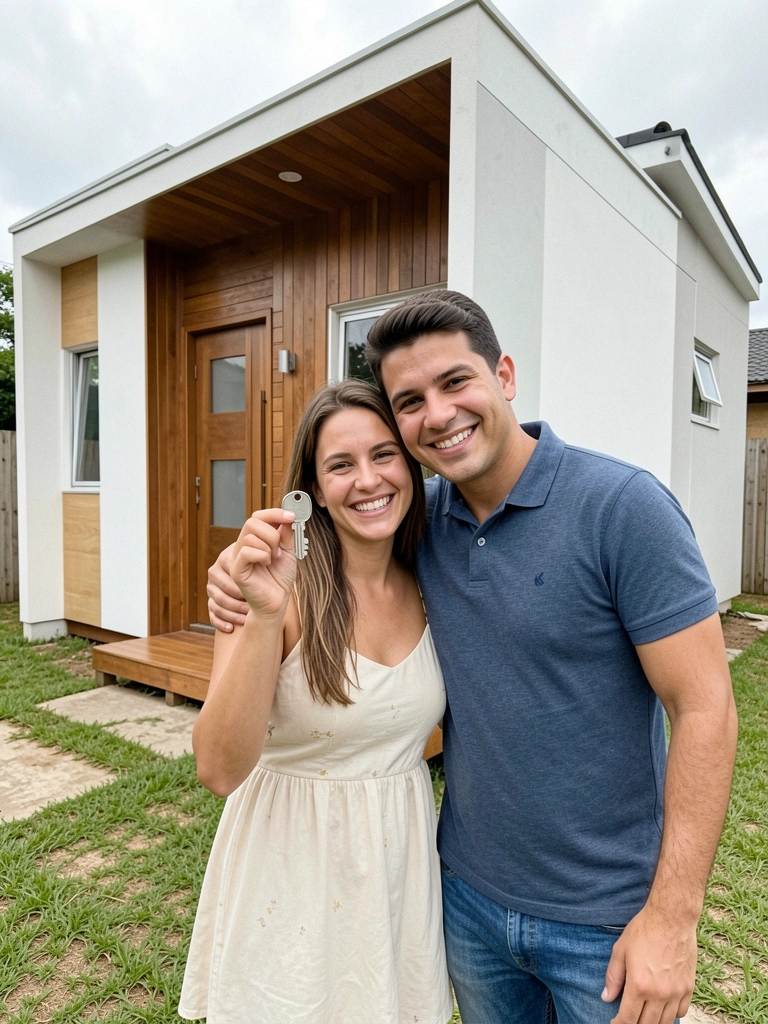 Casal sorrindo segurando chave em frente a microcasa moderna