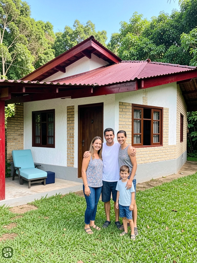 Família em frente à casa própria compacta, com caixas de mudança ao lado