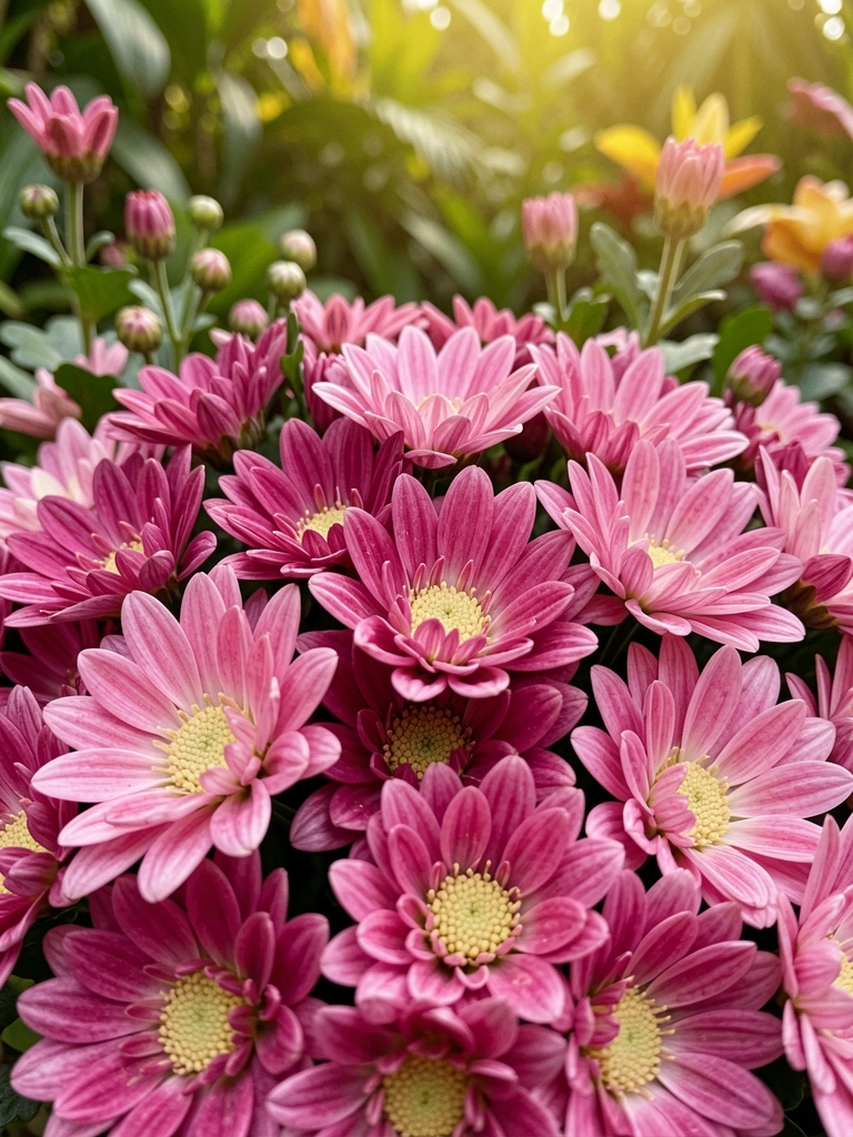 Jardim tropical com flores em vários estágios, sob sol intenso e umidade aparente