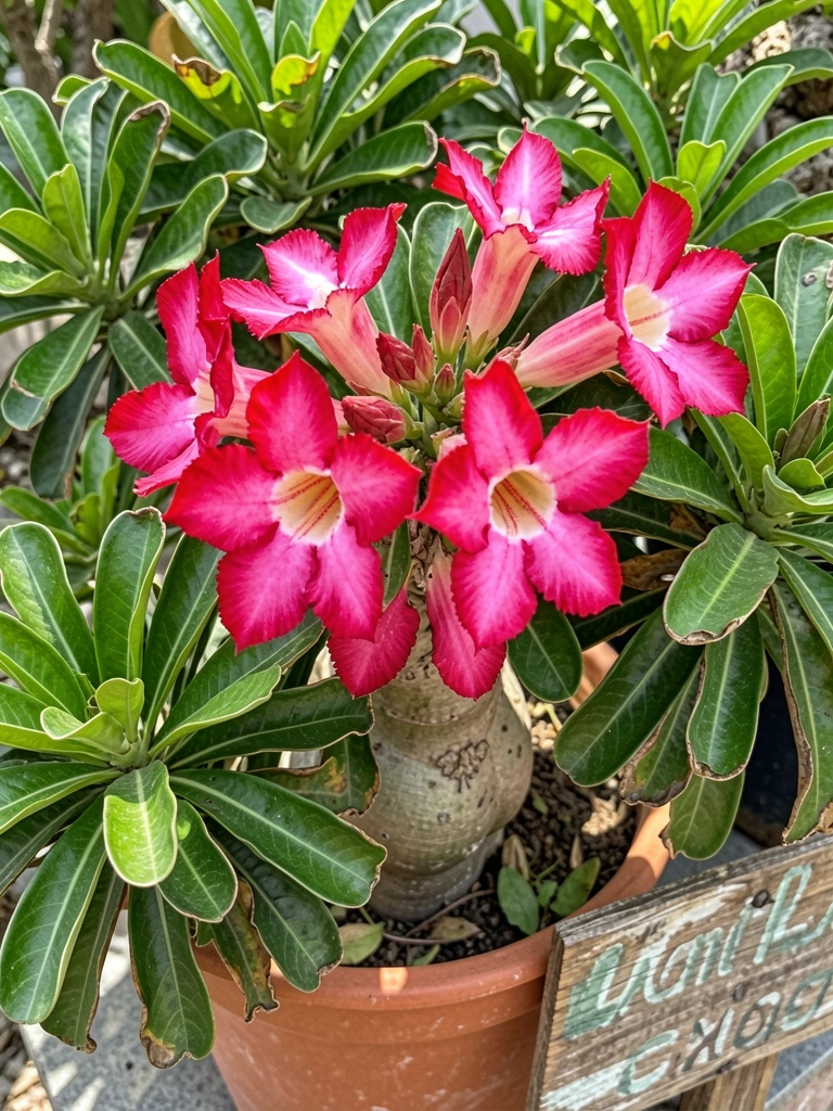 Rosa do deserto com caudex robusto e flores rosa em vaso de cerâmica