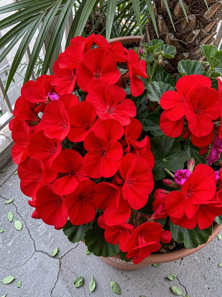Vaso de gerânio com flores vermelhas e folhas verdes em sacada.