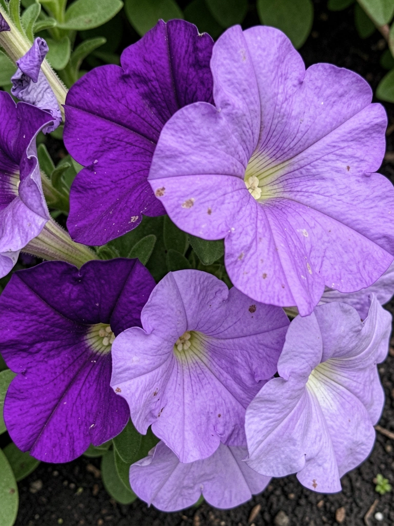 Canteiro com petúnias roxas em plena floração