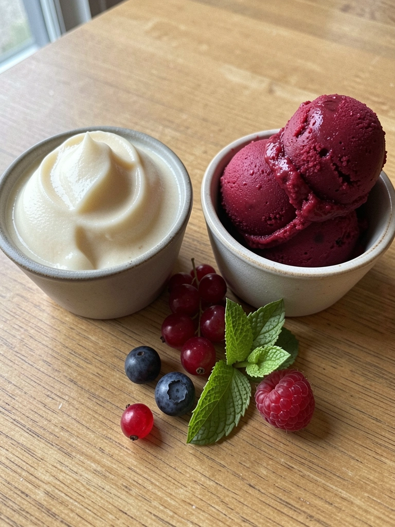 Dois potes de sobremesa gelada lado a lado, um cremoso e outro com frutas