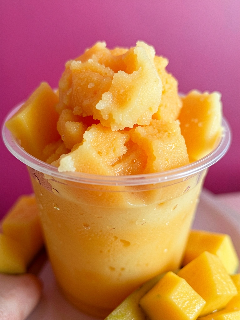 Sorbet de manga em copo transparente com pedaços da fruta