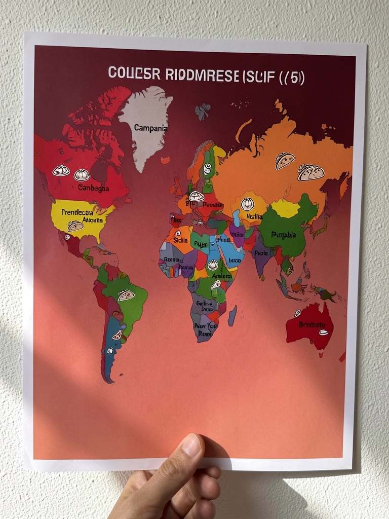 Mapa-múndi com ícones de comidas típicas de diversos países, como pizza, sushi e taco.