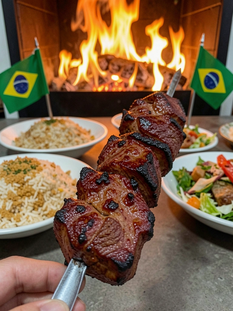 Pratos variados com bandeiras de diferentes países sobre uma mesa de madeira.