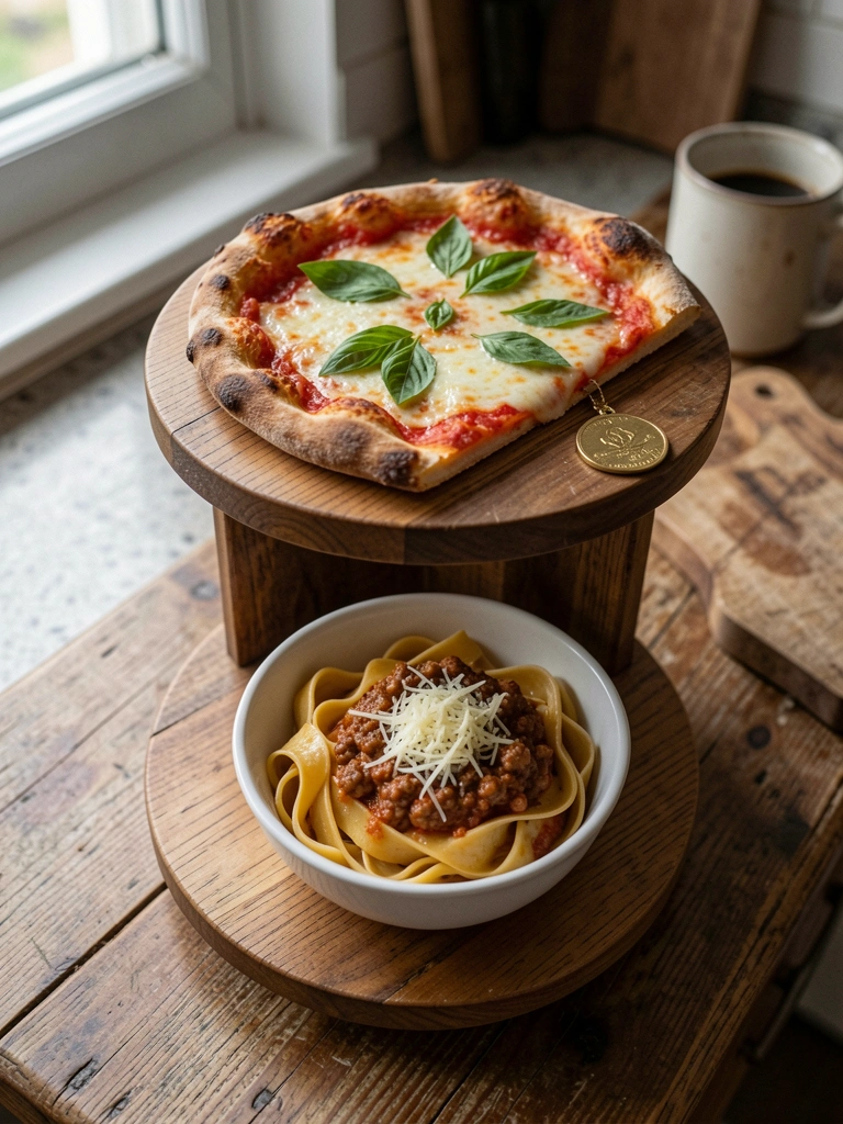Pizza e massas no topo de um pódio gastronômico, com medalhas de ouro, prata e bronze.