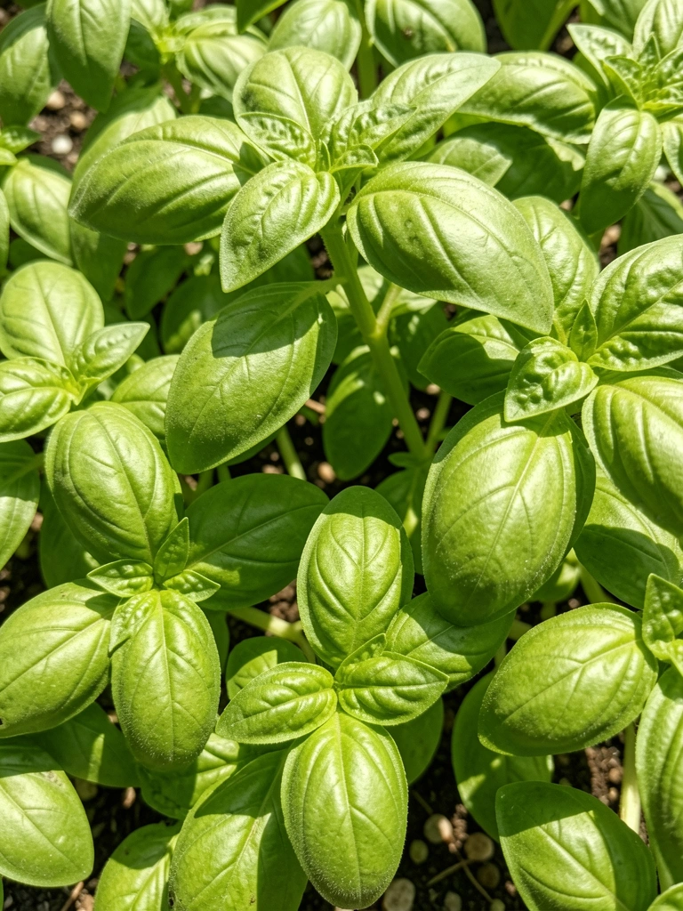 Vaso de cerâmica branca com folhas verdes de manjericão sobre bancada de madeira