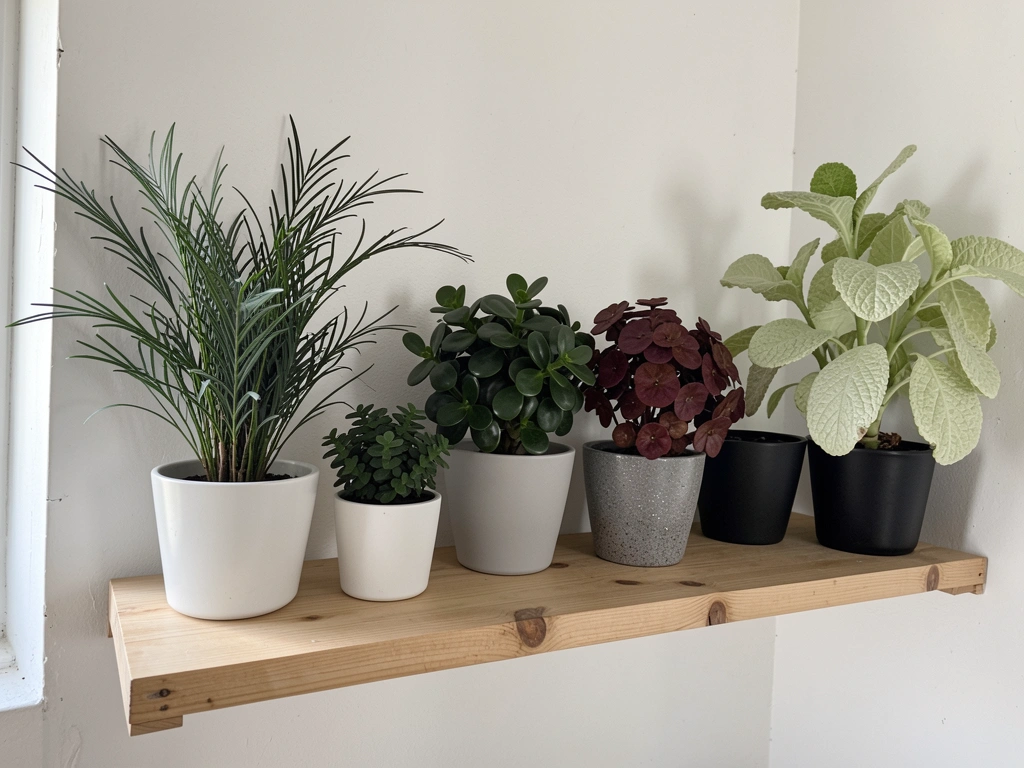 Sala com planta no canto, luz difusa e sombras suaves nas paredes