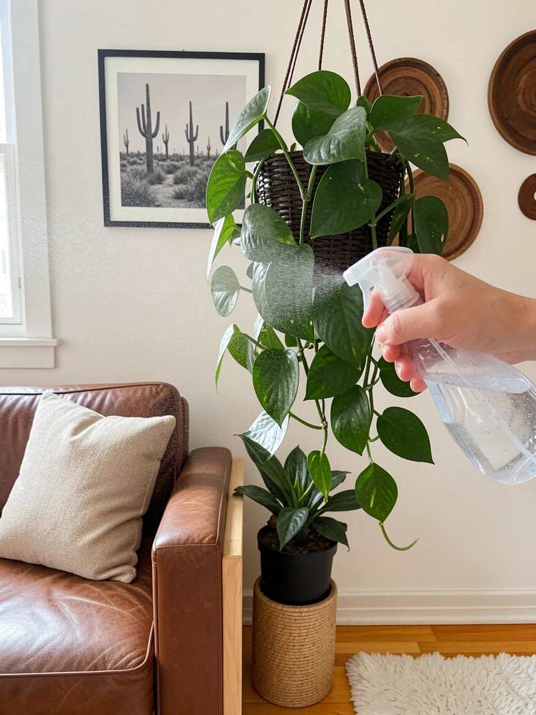 Mão segurando borrifador e regando planta de folhagem em vaso