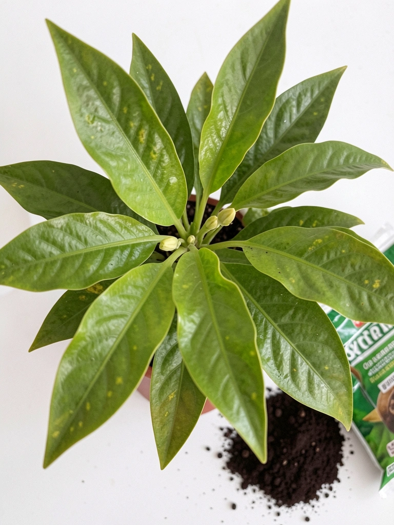Saco de terra e adubo ao lado de vaso com planta pequena