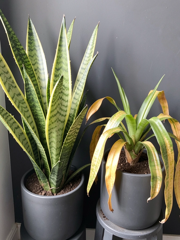Folhas amareladas e caídas em um vaso ao lado de uma planta saudável com folhas verdes.