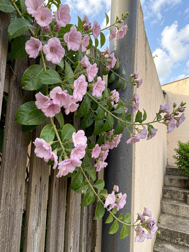 Flores rosas de trepadeira Sete-léguas cobrindo um cercado de madeira