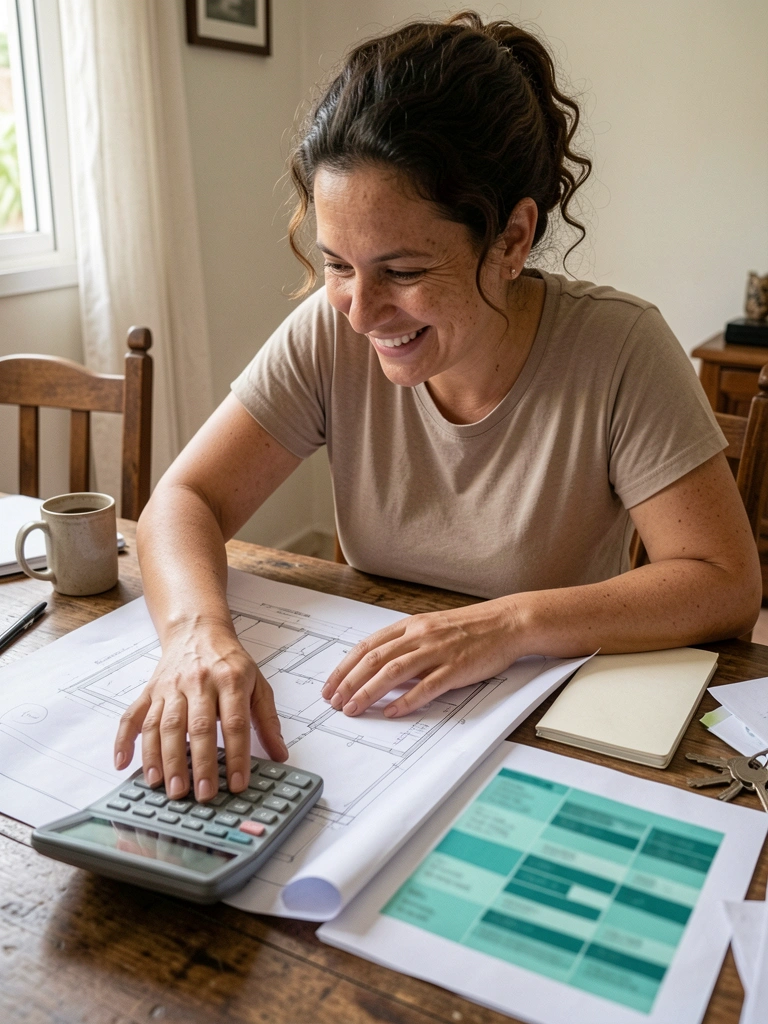 Mulher sentada à mesa com calculadora, planta baixa e proposta impressa, caneta na mão