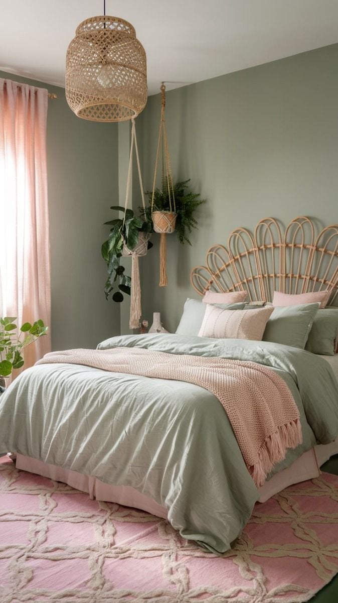 quarto com parede verde e móveis de madeira