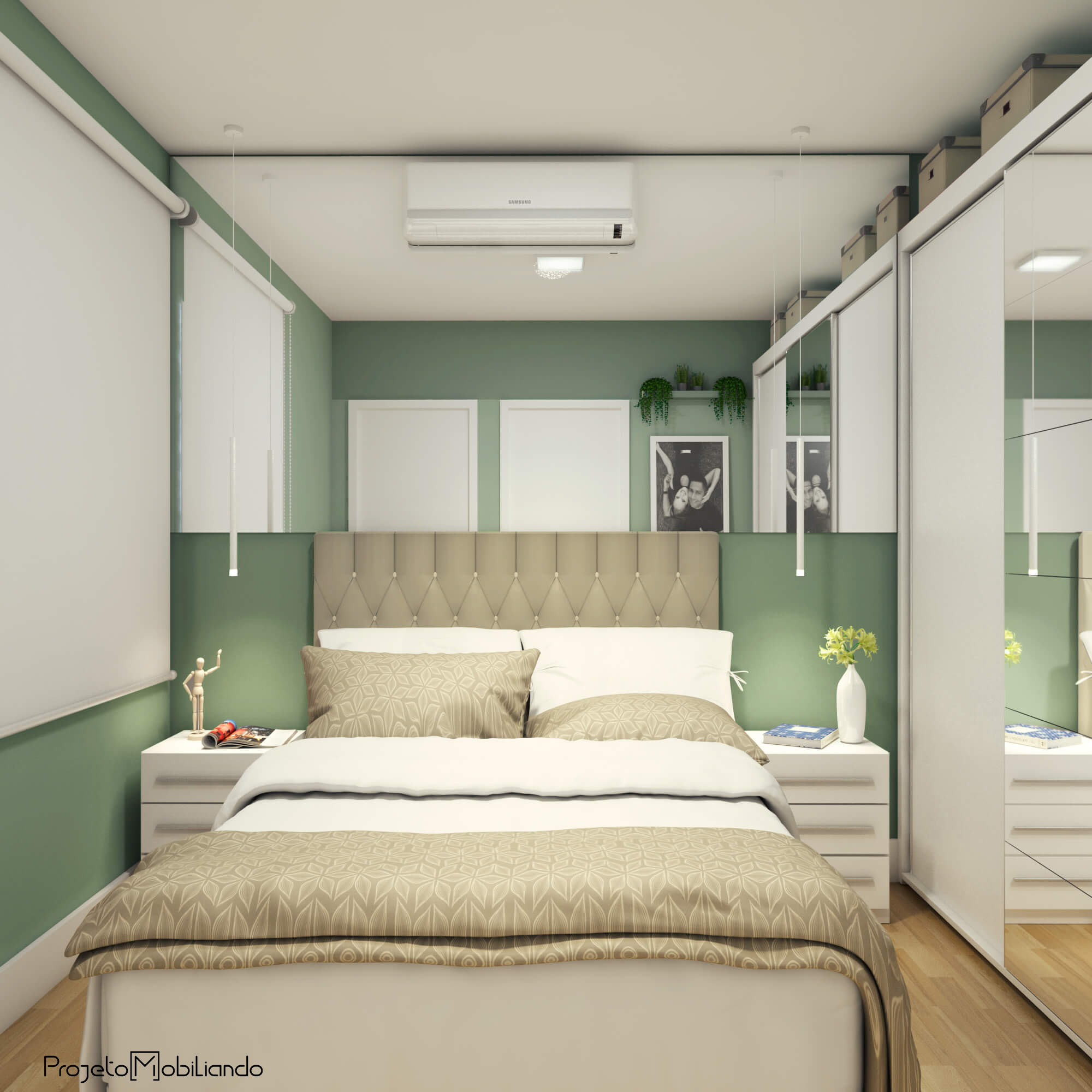 cores que combinam com verde e madeira no quarto