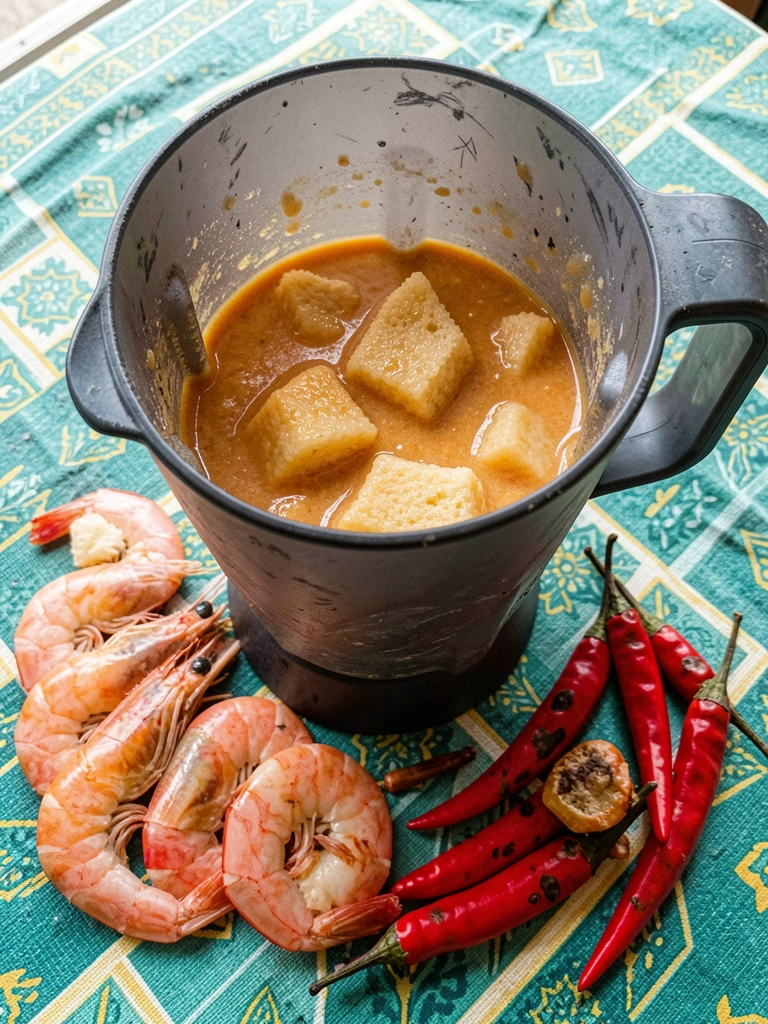 Liquidificador com pão demolhado em leite de coco, pronto para bater