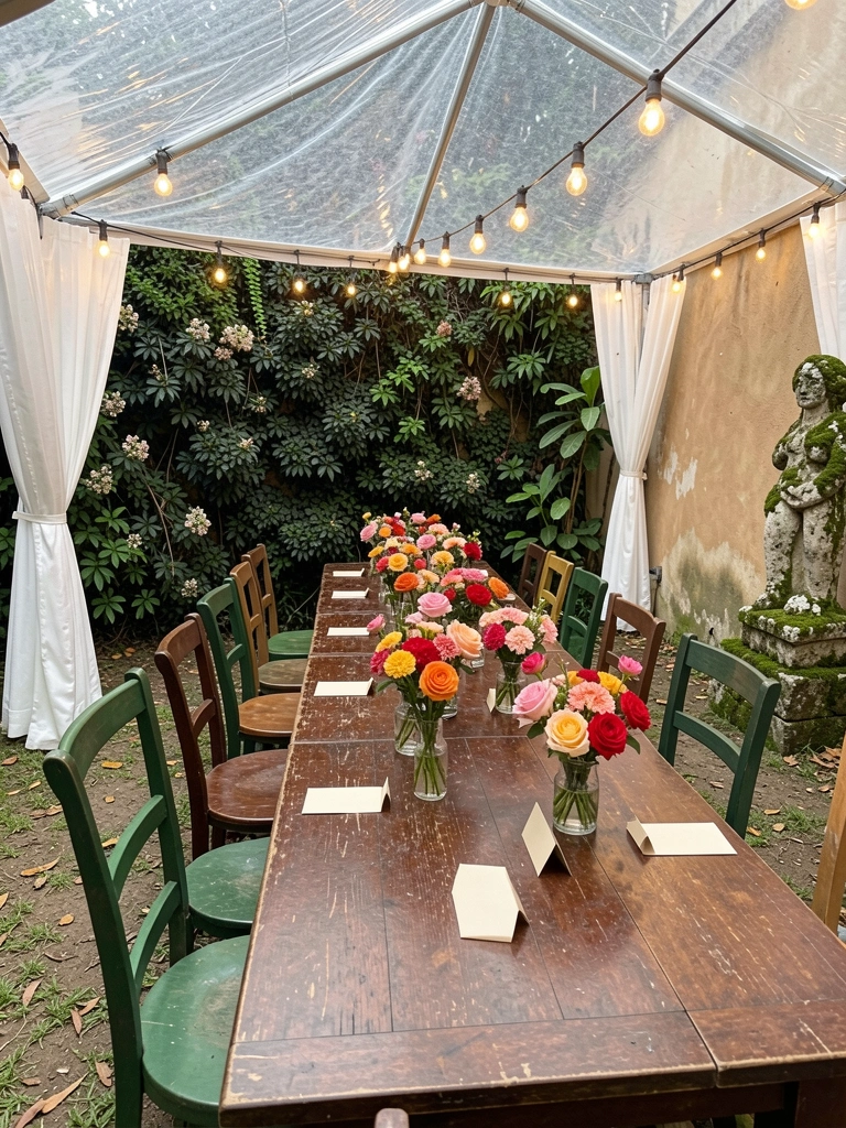 Salão de restaurante com mesas postas para evento, toalhas claras, taças e arranjos florais baixos sob luz âmbar