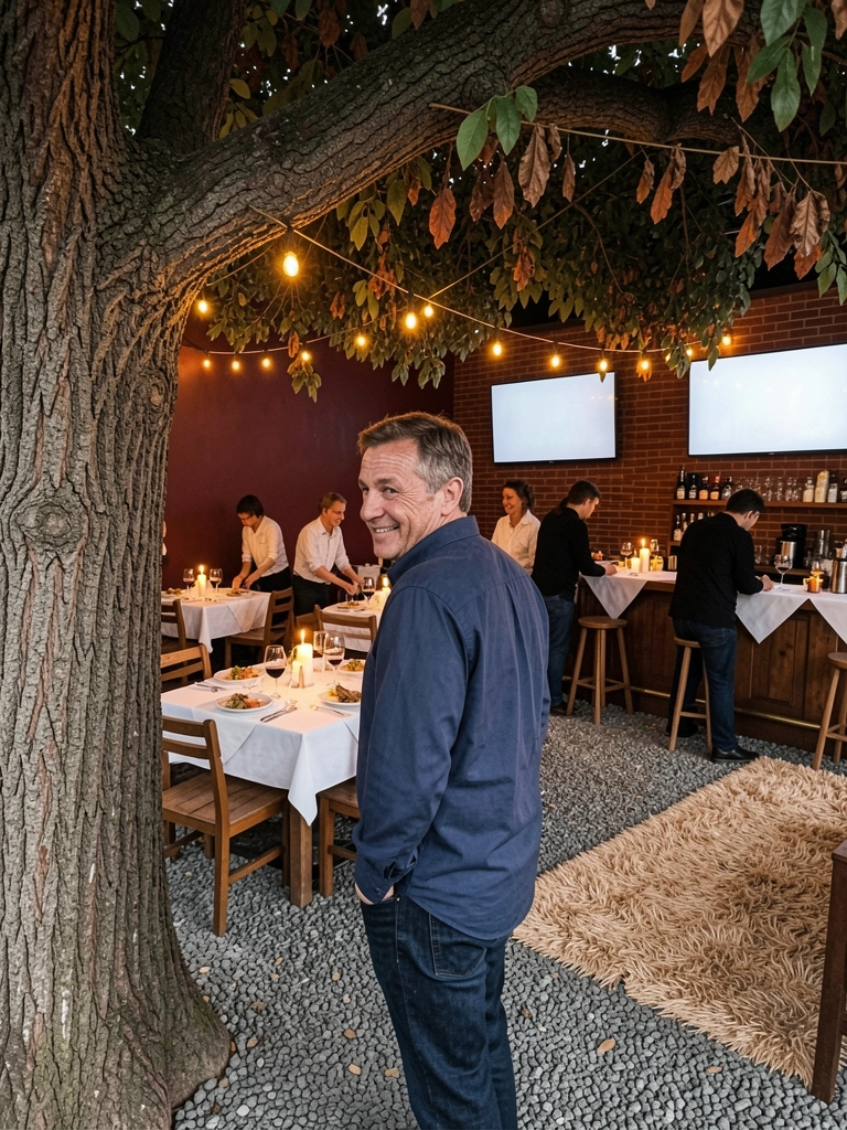 Funcionários ajustam mesas e garrafas no balcão de um bar de restaurante antes de um evento