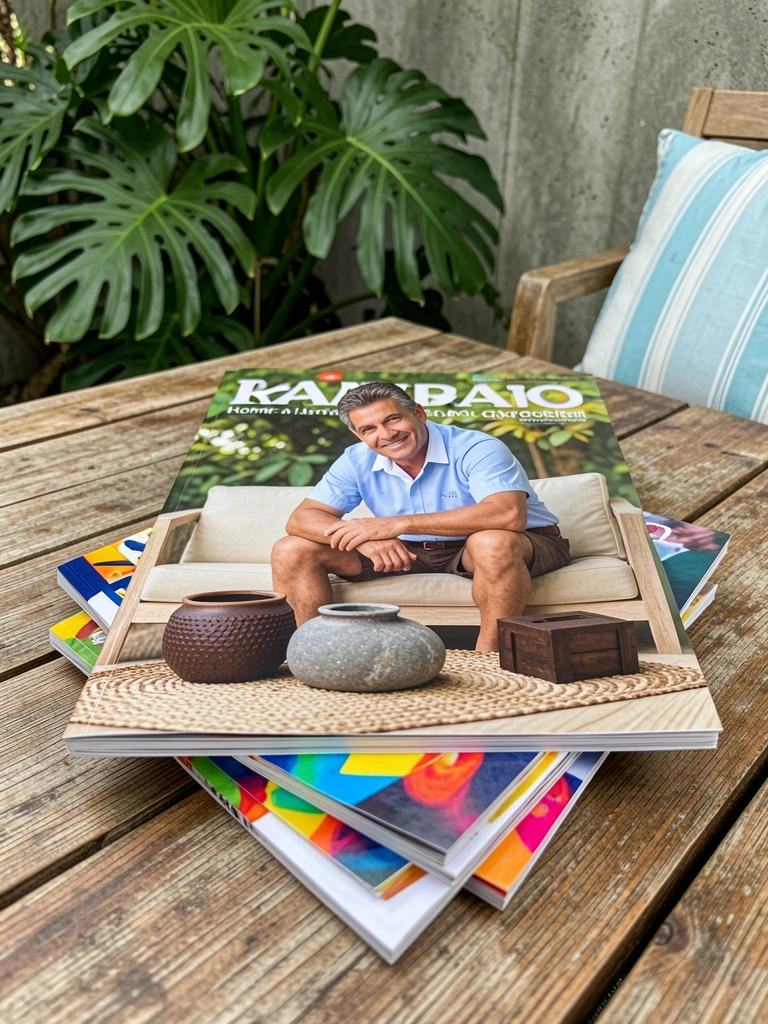 Pilha de revistas Casa e Jardim sobre mesa de madeira