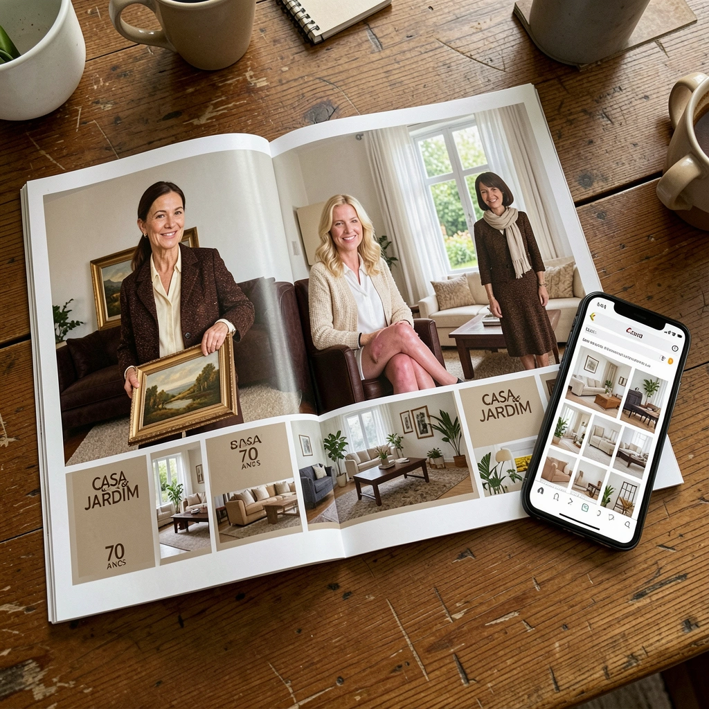 Smartphone exibindo site de decoração ao lado de revista aberta com imagens de interiores