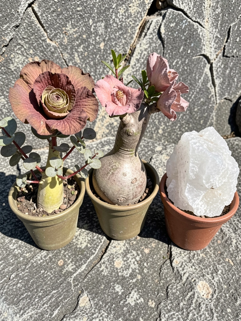Três vasos com plantas e uma rocha de gipsita, lado a lado, sobre superfície clara.