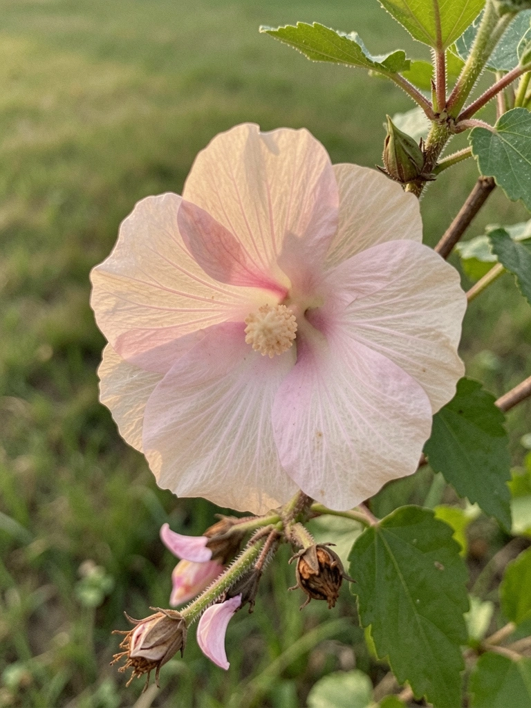 Flor rosa de Hibiscus syriacus com folhas verdes ao fundo, ilustração suave.