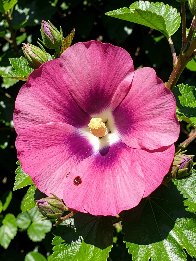 Close de folhas serrilhadas e flores simples de hibisco coreano, com detalhes nítidos das pétalas e do verde