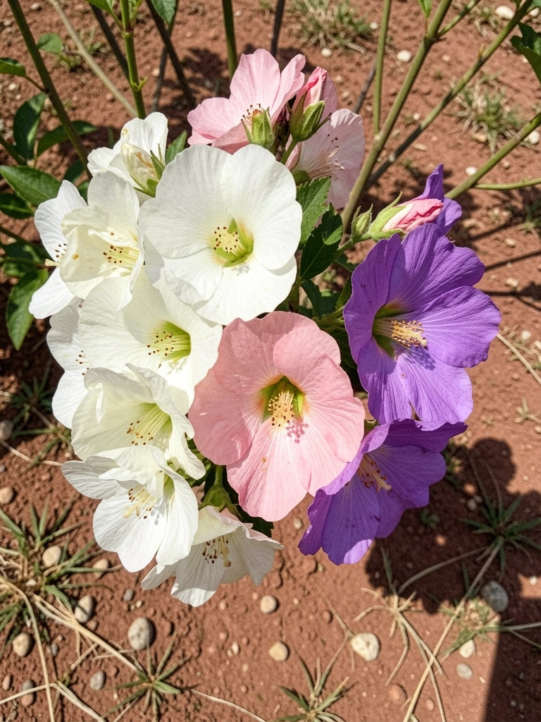 Galhos de rosa-de-saron com flores brancas, rosas e roxas lado a lado.