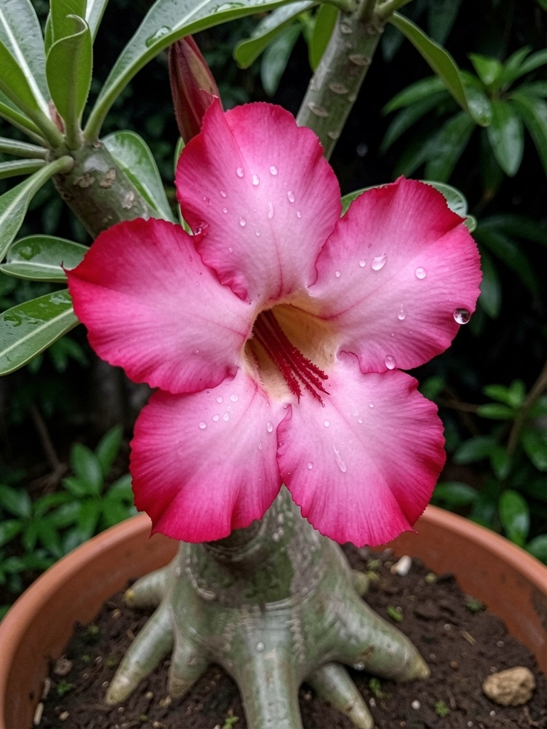 Rosa do deserto com caudex retorcido e flores cor-de-rosa intensas em vaso