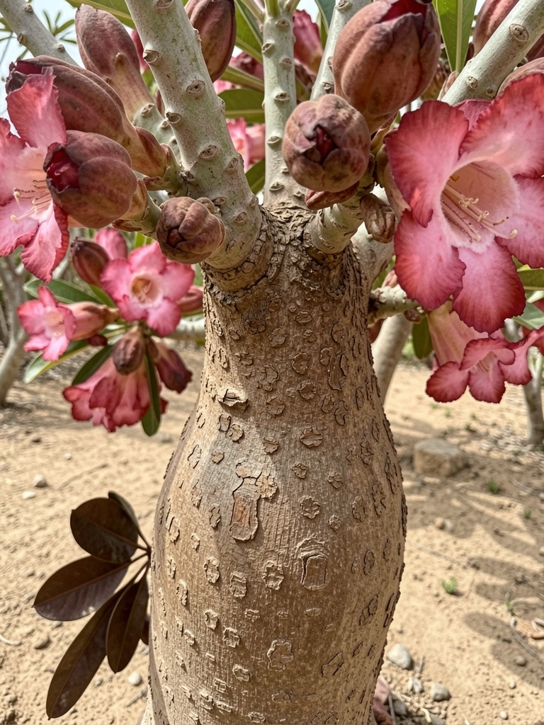 Close no tronco engrossado e escamoso de Adenium obesum, com textura rugosa e tons terrosos.