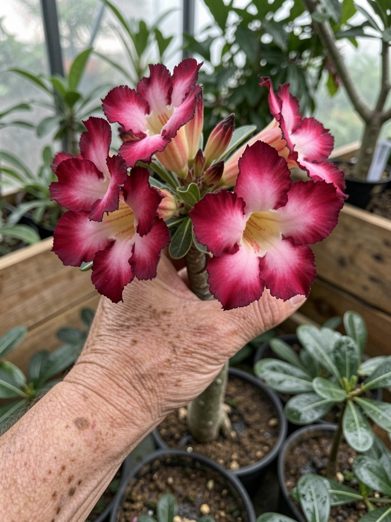 Muda de rosa do deserto com flores abertas e botões, fundo desfocado.