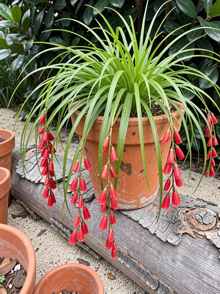 Vaso suspenso com russelia pendente formando cascata de folhas verdes e flores vermelhas.