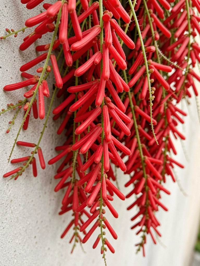 Flores tubulares vermelhas em hastes finas, detalhe de uma planta pendente.