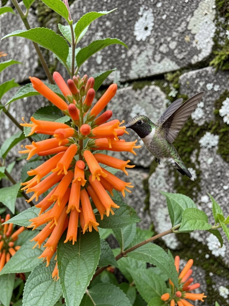 Beija-flor com bico alongado pairando ao lado de flores vermelhas tubulares de Russelia pendente.