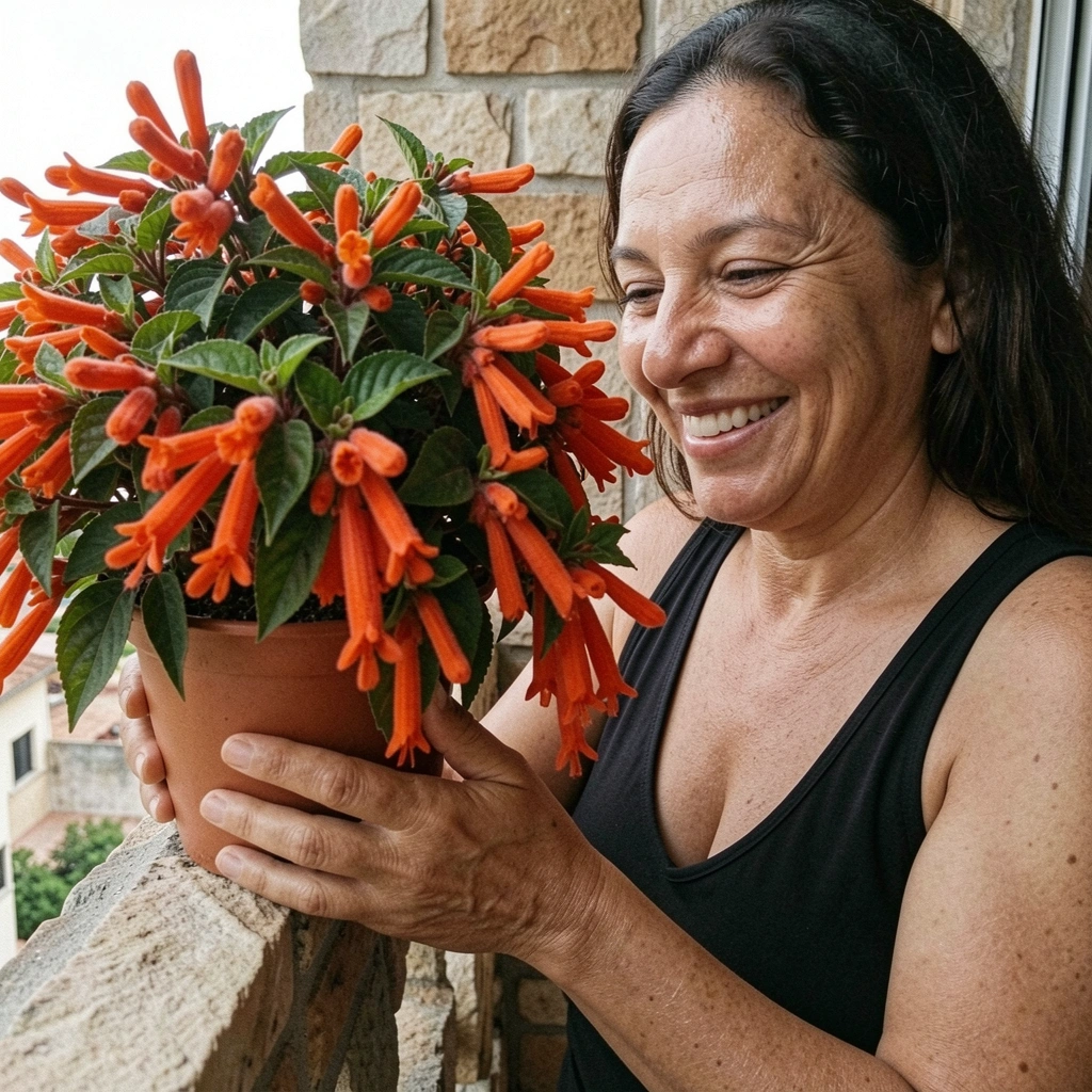 Mãos regando Russelia pendente em vaso na varanda, com flores vermelhas e folhagem verde.