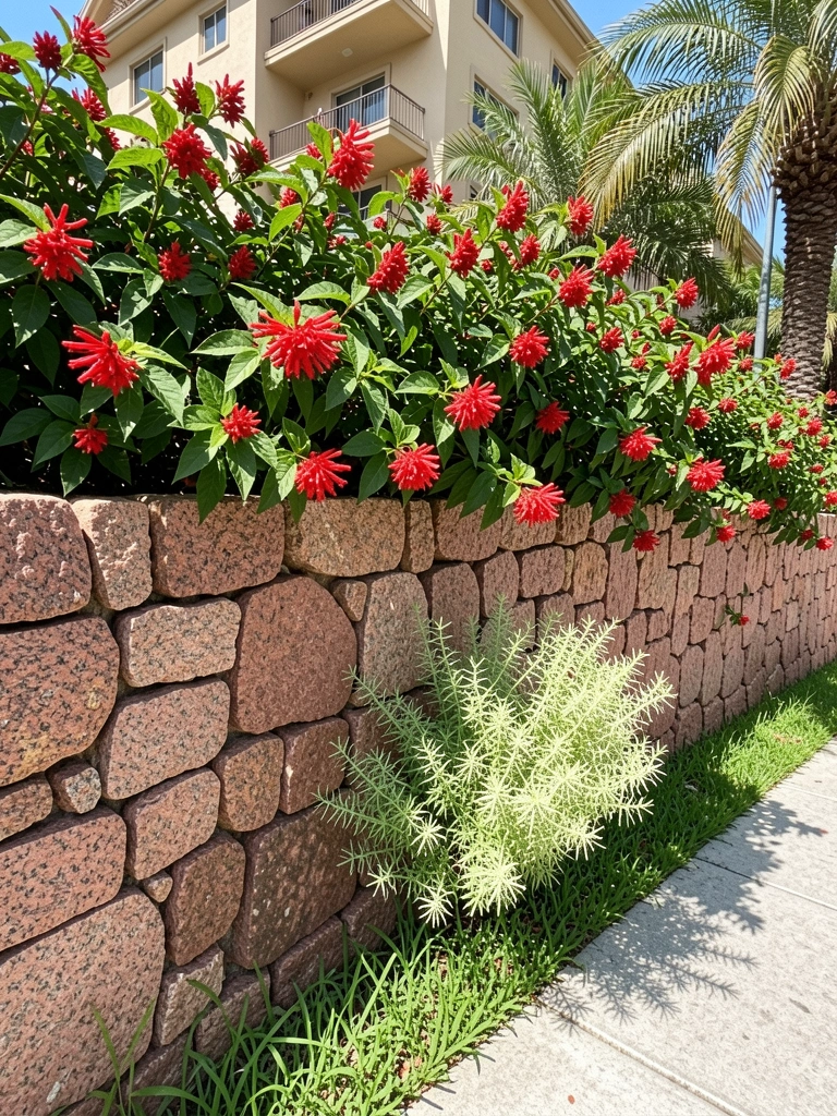 Planta Russelia com flores vermelhas tubulares recebendo luz solar direta em jardim externo.
