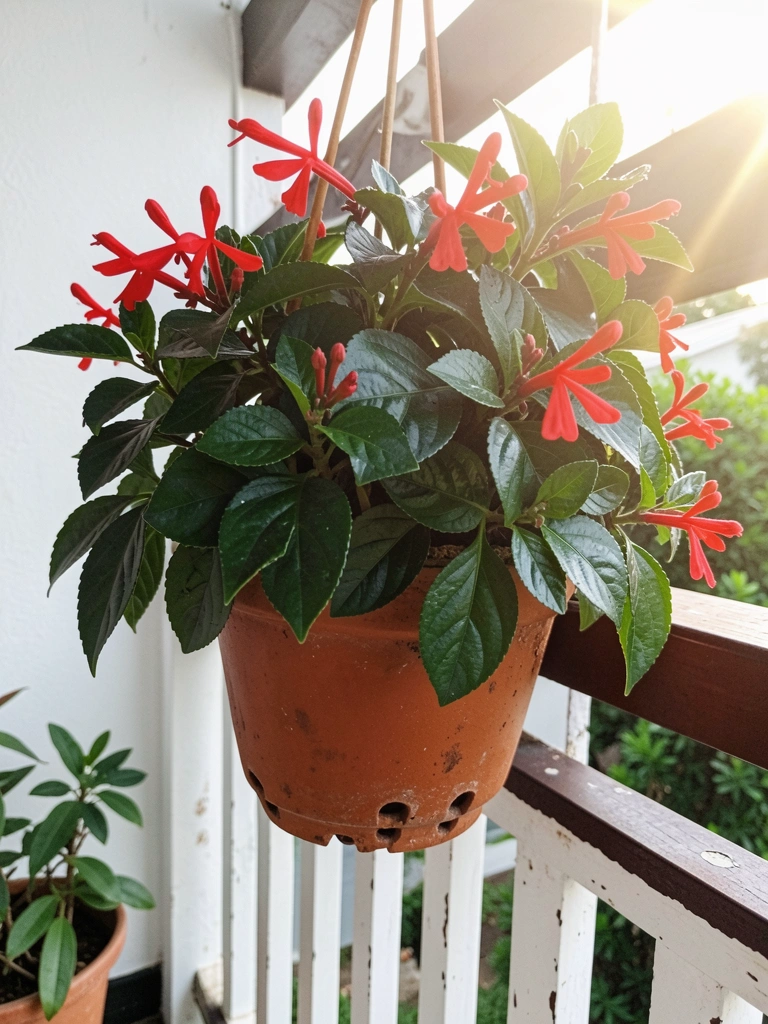 Vaso suspenso de cerâmica bege com furos de drenagem na base, contendo planta Russelia pendente com folhas verdes e pequenas flores vermelhas.