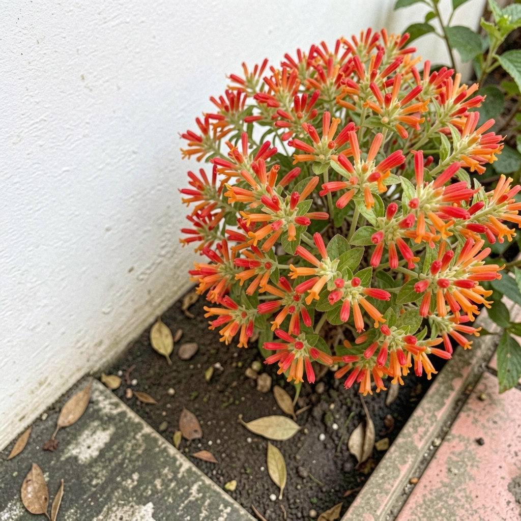Russelia com folhagem verde e flores vermelhas tubulares plantada em canteiro ao lado de muro de tijolos.