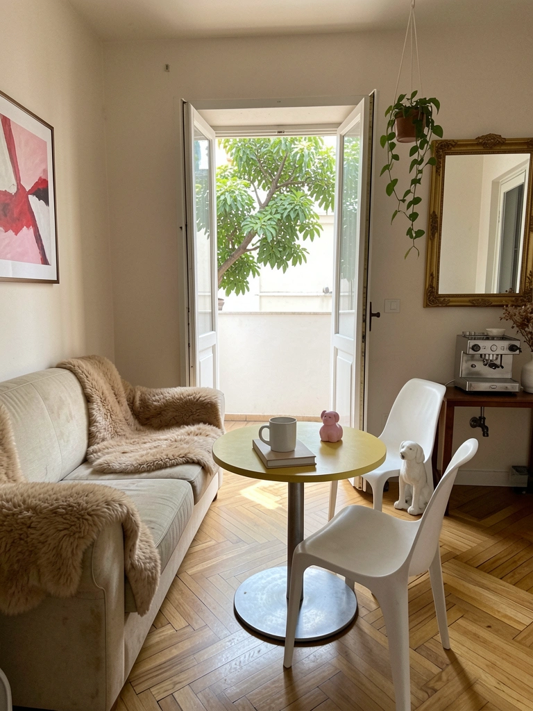 Sala de estar com sofá branco, parede de tijolos aparentes e espelho grande de moldura preta acima do aparador.