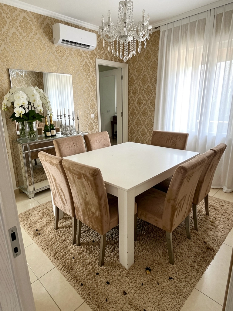 Sala de estar com sofá branco, mesa de centro de madeira e espelho grande na parede acima do aparador.