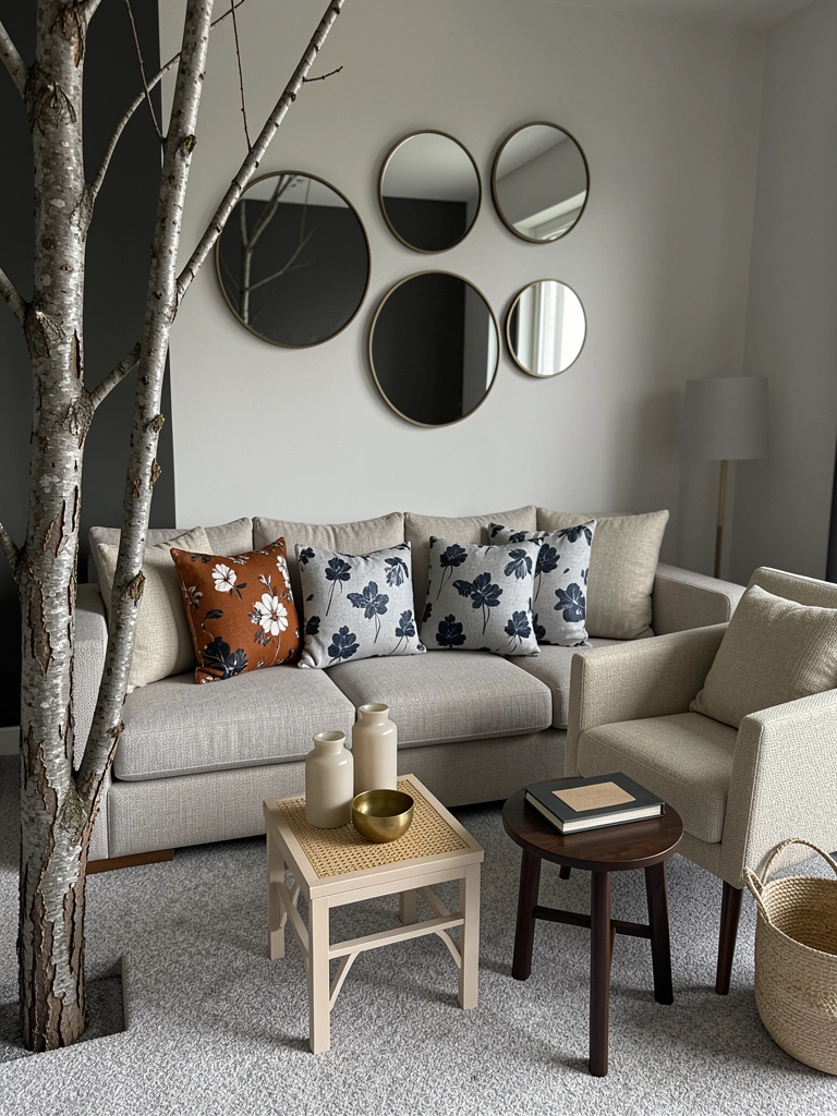 Sala de estar com sofá branco, espelho grande de moldura dourada acima do aparador e vaso com galhos secos.