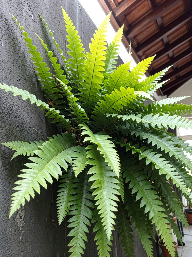 Samambaia em vaso de barro sobre mesa de madeira, folhas verdes arqueadas sob luz natural.