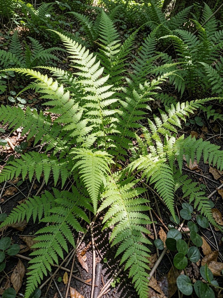 Samambaia com folhas verdes pendentes em vaso de cerâmica sobre mesa de madeira.