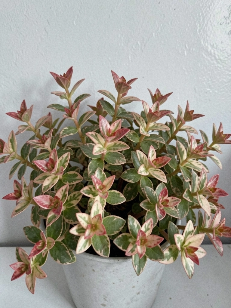 Planta sapatinho do diabo em vaso, com folhas verdes e flores rosas, vista geral